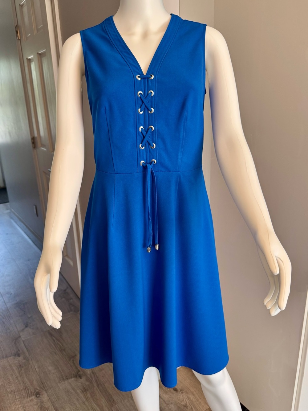 Karl Lagerfeld Vibrant Royal Blue Lace-Up V-Neck Midi Dress size 4